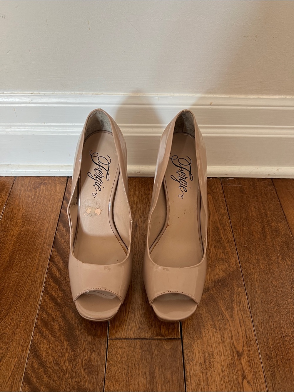 Peep-Toe Patent Pumps in Nude